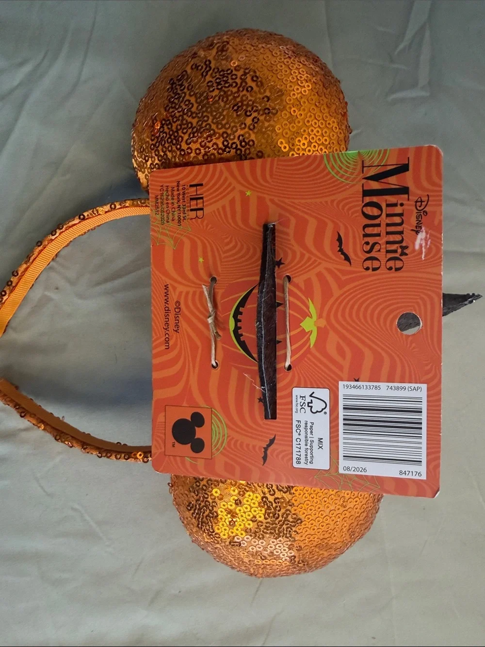 Disney Orange Sequin Minnie Ears Headband with Black Witch Hat